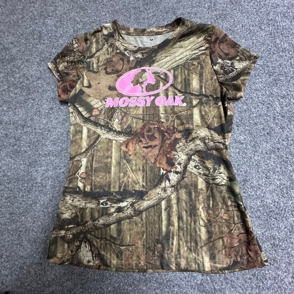 Mossy Oak T-Shirt Womens Size M Brown Pink Logo Break-Up Infinity Camo Outdoor